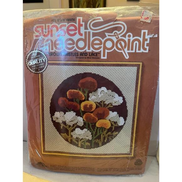 Vintage 1979 Sunset Needlepoint ,"Brown Thistles & Lace" #6251 Open Package - Picture 1 of 3